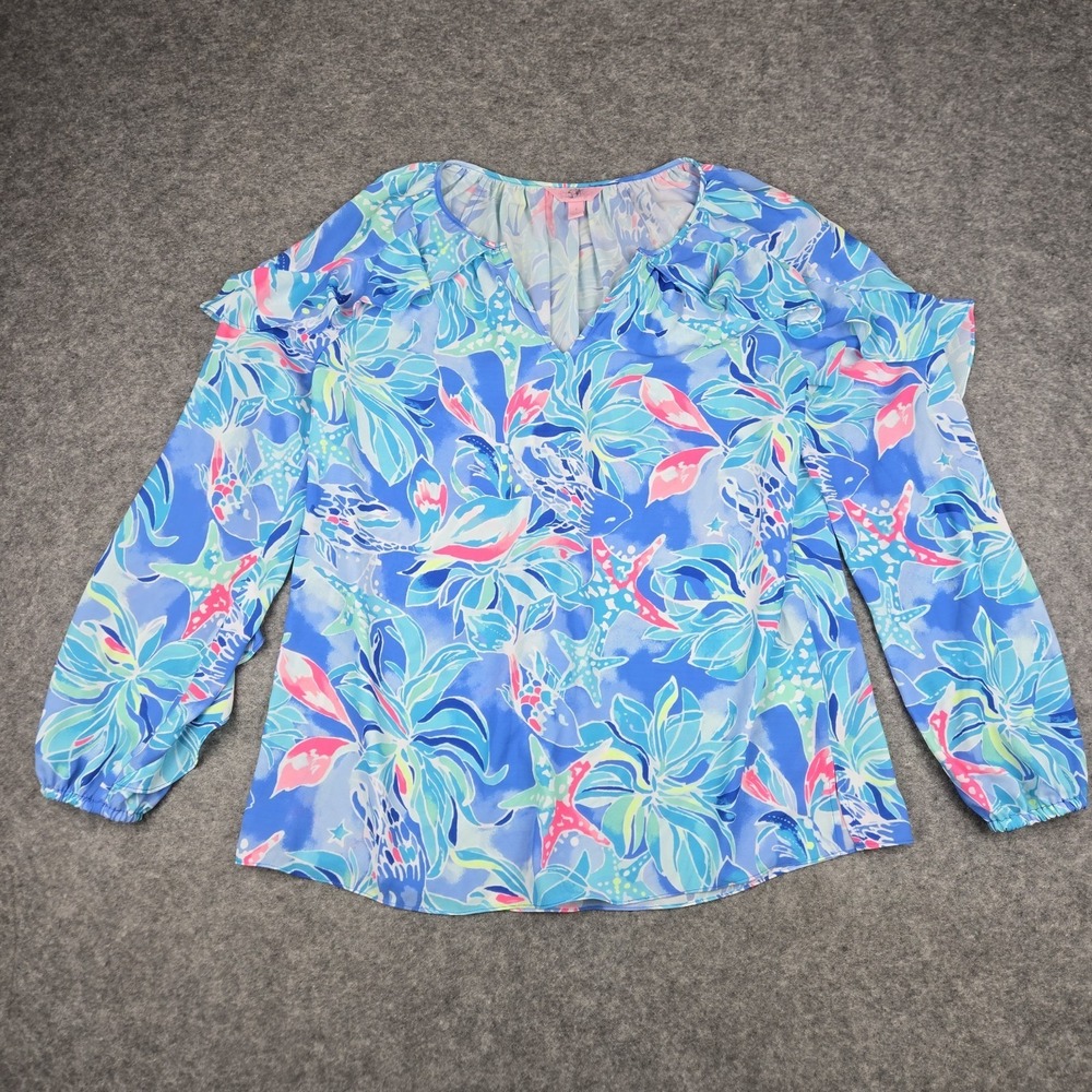 Lilly Pulitzer Elora Top Ruffle Bennet Blue Celestial Seas Starfish Size Small